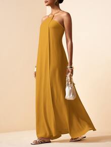Zivah Mustard Yellow Summer Elegant Vacation Women Boho Linen Fabric Backless A-Line Long Dress Spring Cross-Strap Design Party Beach Wedding Dress - Yellow - View 12
