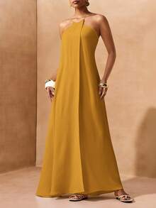 Zivah Mustard Yellow Summer Elegant Vacation Women Boho Linen Fabric Backless A-Line Long Dress Spring Cross-Strap Design Party Beach Wedding Dress - Yellow - View 6