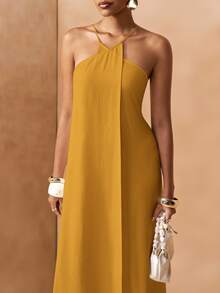 Zivah Mustard Yellow Summer Elegant Vacation Women Boho Linen Fabric Backless A-Line Long Dress Spring Cross-Strap Design Party Beach Wedding Dress - Yellow - View 4