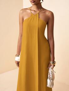 Zivah Mustard Yellow Summer Elegant Vacation Women Boho Linen Fabric Backless A-Line Long Dress Spring Cross-Strap Design Party Beach Wedding Dress - Yellow - View 11