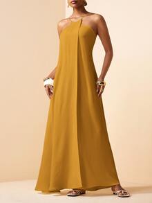 Zivah Mustard Yellow Summer Elegant Vacation Women Boho Linen Fabric Backless A-Line Long Dress Spring Cross-Strap Design Party Beach Wedding Dress - Yellow - View 13