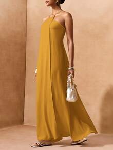 Zivah Mustard Yellow Summer Elegant Vacation Women Boho Linen Fabric Backless A-Line Long Dress Spring Cross-Strap Design Party Beach Wedding Dress - Yellow - View 5