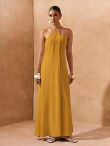 Zivah Mustard Yellow Summer Elegant Vacation Women Boho Linen Fabric Backless A-Line Long Dress Spring Cross-Strap Design Party Beach Wedding Dress - Yellow - View 7