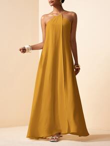 Zivah Mustard Yellow Summer Elegant Vacation Women Boho Linen Fabric Backless A-Line Long Dress Spring Cross-Strap Design Party Beach Wedding Dress - Yellow - View 8