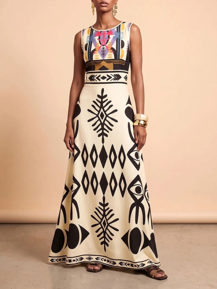 Zivah 2025 Summer New Music Festival Boho Elegant Birthday Party Vacation Plus Size Women's Tropical Rainforest Pattern Print Round Neck Dress-B Beige - Apricot - View 7