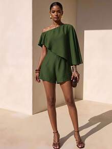 Zivah Elegant Army Green Asymmetrical Shoulder Flowy Romper For Summer Vacation,Music Festival,Date,Wedding Guest,Party,Commute,Casual Streetwear - Army Green - View 1
