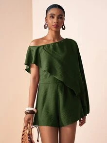 Zivah Elegant Army Green Asymmetrical Shoulder Flowy Romper For Summer Vacation,Music Festival,Date,Wedding Guest,Party,Commute,Casual Streetwear - Army Green - View 6