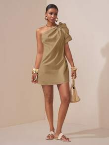 Zivah Elegant Mature Summer Khaki Asymmetric Ruched Puff Sleeve Short Dress For Brunch,Music Festival,Easter,St. Patrick's Day,Vacation,Party - Khaki - View 8