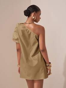 Zivah Elegant Mature Summer Khaki Asymmetric Ruched Puff Sleeve Short Dress For Brunch,Music Festival,Easter,St. Patrick's Day,Vacation,Party - Khaki - View 2