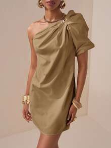 Zivah Elegant Mature Summer Khaki Asymmetric Ruched Puff Sleeve Short Dress For Brunch,Music Festival,Easter,St. Patrick's Day,Vacation,Party - Khaki - View 5