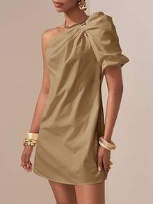 Zivah Elegant Mature Summer Khaki Asymmetric Ruched Puff Sleeve Short Dress For Brunch,Music Festival,Easter,St. Patrick's Day,Vacation,Party - Khaki - View 4