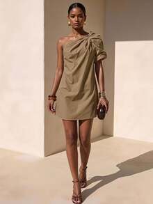 Zivah Elegant Mature Summer Khaki Asymmetric Ruched Puff Sleeve Short Dress For Brunch,Music Festival,Easter,St. Patrick's Day,Vacation,Party - Khaki - View 1