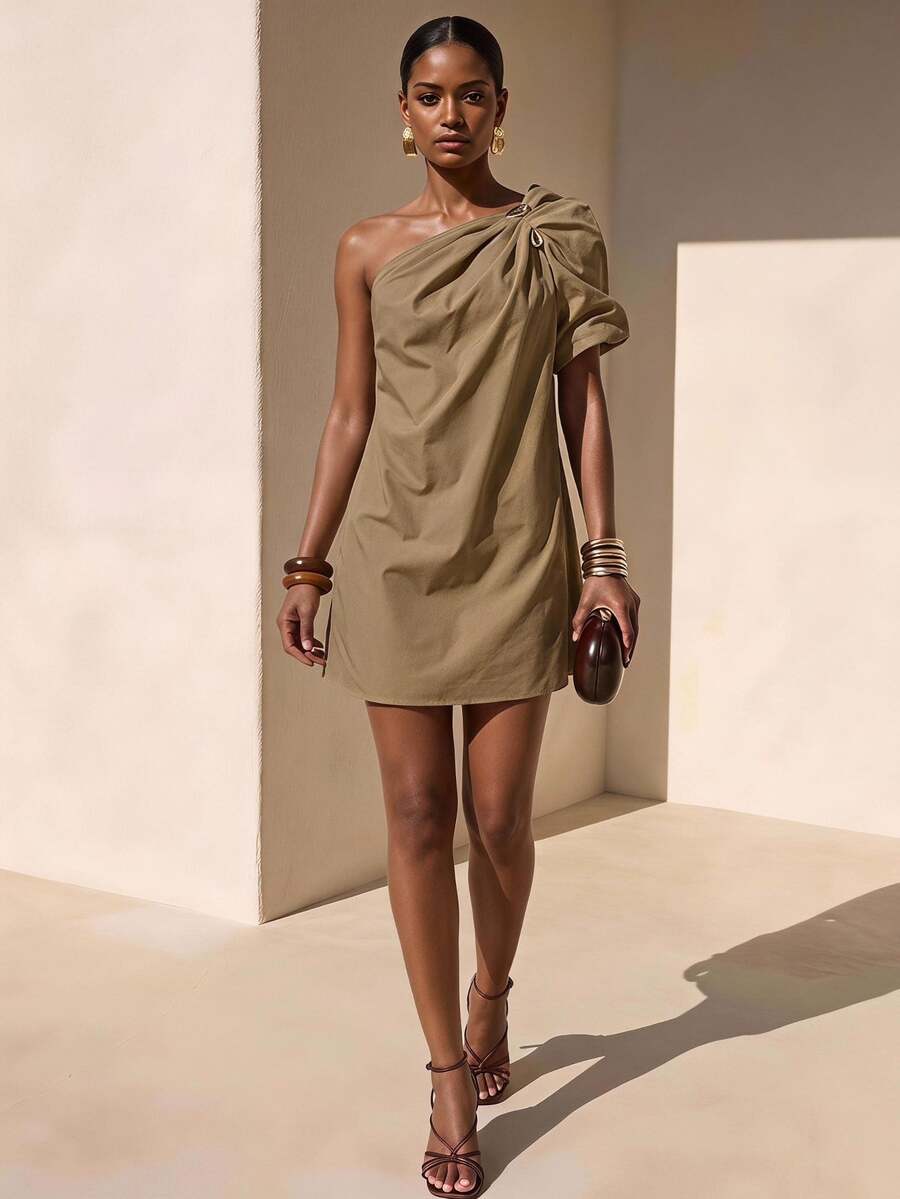 Zivah Elegant Mature Summer Khaki Asymmetric Ruched Puff Sleeve Short Dress For Brunch,Music Festival,Easter,St. Patrick's Day,Vacation,Party - Khaki - View 1