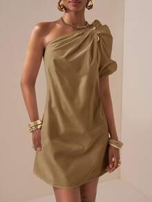 Zivah Elegant Mature Summer Khaki Asymmetric Ruched Puff Sleeve Short Dress For Brunch,Music Festival,Easter,St. Patrick's Day,Vacation,Party - Khaki - View 6