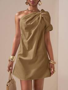 Zivah Elegant Mature Summer Khaki Asymmetric Ruched Puff Sleeve Short Dress For Brunch,Music Festival,Easter,St. Patrick's Day,Vacation,Party - Khaki - View 7
