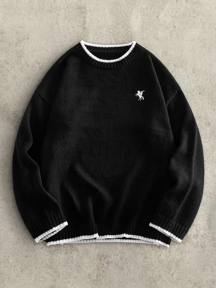 Mainfolk Men's Autumn/Winter Zipper Half-Chest Drawstring Knit Crew Neck Pullover Sweater Halloween Christmas Winter Party Autumn - Black and White - View 1