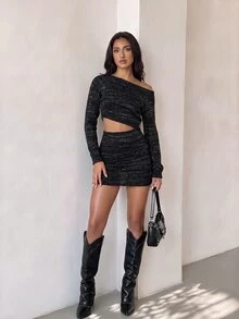 SHEIN Unity Đầm len nữ đính sequin sợi bạc hở eo - màu đen - Xem 7