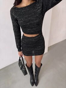 SHEIN Unity Đầm len nữ đính sequin sợi bạc hở eo - màu đen - Xem 6