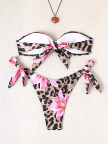 SHEIN Swim 2件組女款夏季海灘度假豹紋花卉繫帶式抹胸比基尼泳衣套裝 粉色豹紋熱帶風 - 彩色 - 查看 9