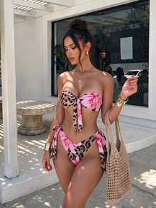 SHEIN Swim 2件組女款夏季海灘度假豹紋花卉繫帶式抹胸比基尼泳衣套裝 粉色豹紋熱帶風 - 彩色 - 查看 3