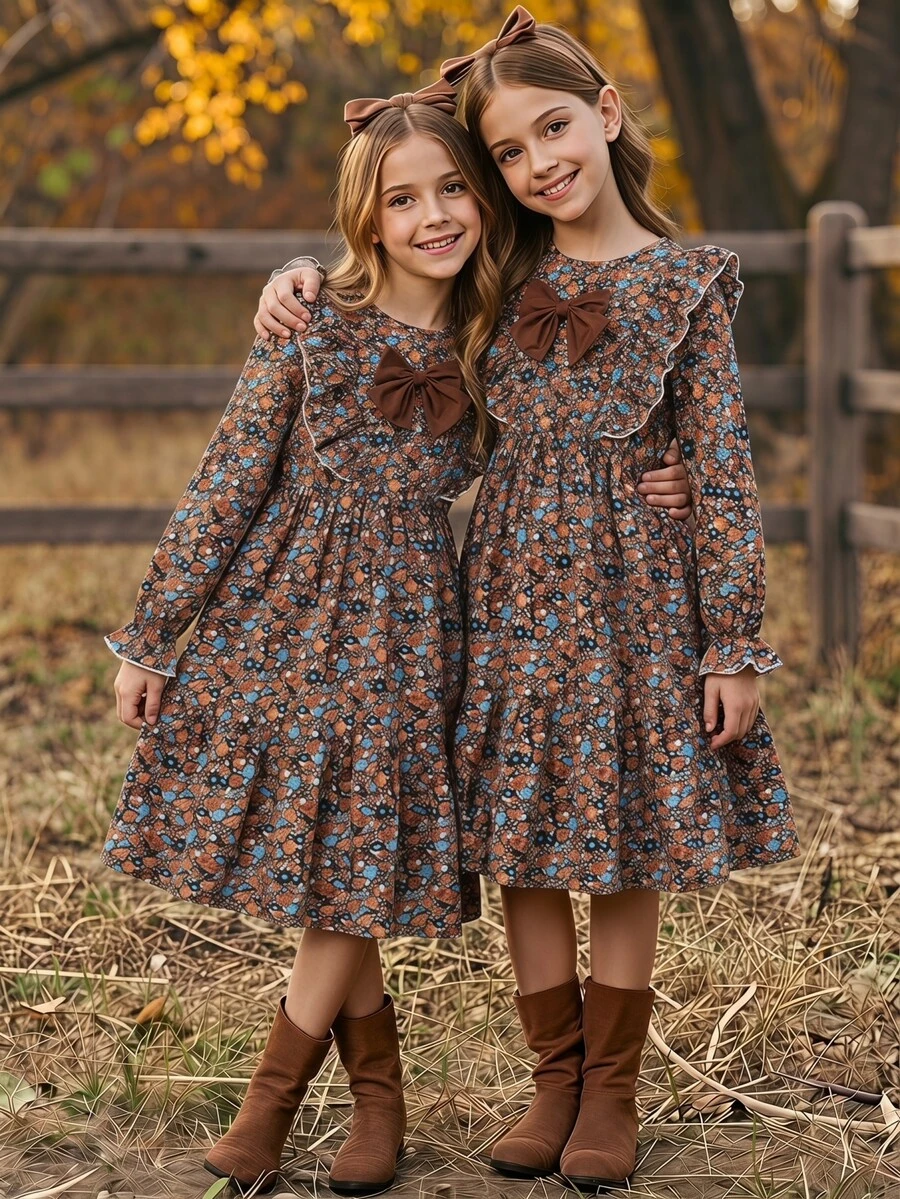 SHEIN Vintage Pastoral Ditsy Floral Ruffle Hem Cake Dress, Sweet Literary Atmosphere Long Sleeve Dress For Girls, Summer & Autumn - Brown - View 1