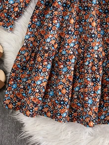SHEIN Vintage Pastoral Ditsy Floral Ruffle Hem Cake Dress, Sweet Literary Atmosphere Long Sleeve Dress For Girls, Summer & Autumn - Brown - View 4