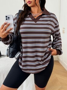 SHEIN EZwear 大尺碼秋季休閒街頭風優雅幹練棕色黑色長袖T恤居家度假辦公秋季派對正式穿搭 - 棕色 - 查看 6