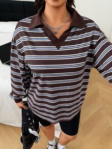 SHEIN EZwear 大尺碼秋季休閒街頭風優雅幹練棕色黑色長袖T恤居家度假辦公秋季派對正式穿搭 - 棕色 - 查看 8