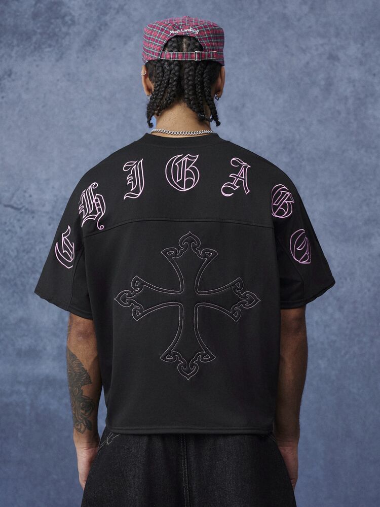 PAVTROS Men's Regular Fit 3D Cross Pattern Short Sleeve Crew Neck T-Shirt, Casual Streetwear Style, Black & Pink Color Block, Goth - Black - View 3