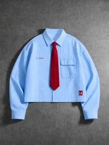 PAVTROS Light Blue Striped Men's Shirt, Red Tie & Embroidery, Summer Casual Streetwear - Blue and White - View 3