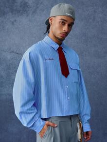 PAVTROS Light Blue Striped Men's Shirt, Red Tie & Embroidery, Summer Casual Streetwear - Blue and White - View 7