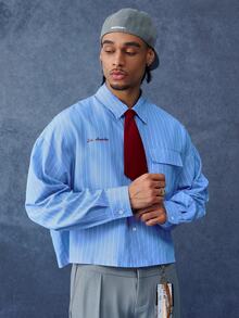 PAVTROS Light Blue Striped Men's Shirt, Red Tie & Embroidery, Summer Casual Streetwear - Blue and White - View 1