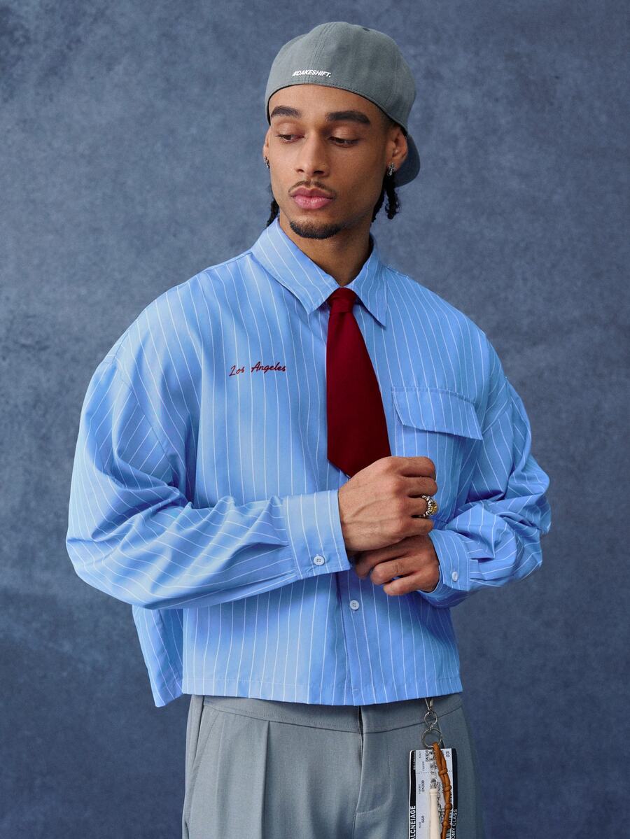 PAVTROS Light Blue Striped Men's Shirt, Red Tie & Embroidery, Summer Casual Streetwear - Blue and White - View 1