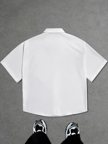 PAVTROS Men's White Loose Fit Drop Shoulder Split Design Square Patch Pocket Utility Casual Streetwear Collar Short Sleeve Shirt - White - View 2