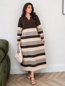 Solavon Plus Size Women's Striped Collared Long Sleeve Casual Knit Dress - Multicolor - View 1