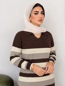 Solavon Plus Size Women's Striped Collared Long Sleeve Casual Knit Dress - Multicolor - View 5