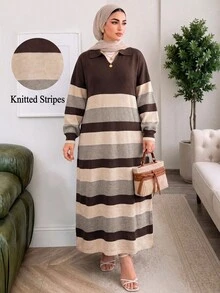 Solavon Plus Size Women's Striped Collared Long Sleeve Casual Knit Dress - Multicolor - View 6