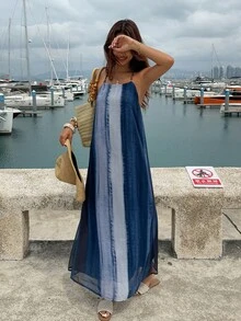 Strévra 夏季度假女款珠飾肩帶紮染中長洋裝，海軍藍海灘波希米亞熱帶風 - 藏蓝色 - 查看 3