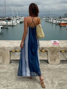 Strévra 夏季度假女款珠飾肩帶紮染中長洋裝，海軍藍海灘波希米亞熱帶風 - 藏蓝色 - 查看 2