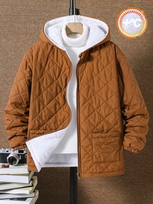 SHEIN 兒童青少年男孩休閒百搭舒適寬鬆實用純色拉鍊連帽深卡其色保暖內裡加厚外套，適合秋冬羽絨外套、棉襖、派克大衣 - 卡其色 - 查看 4