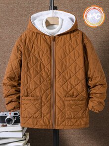 SHEIN 兒童青少年男孩休閒百搭舒適寬鬆實用純色拉鍊連帽深卡其色保暖內裡加厚外套，適合秋冬羽絨外套、棉襖、派克大衣 - 卡其色 - 查看 3