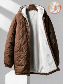 SHEIN 兒童青少年男孩休閒百搭舒適寬鬆實用純色拉鍊連帽深卡其色保暖內裡加厚外套，適合秋冬羽絨外套、棉襖、派克大衣 - 卡其色 - 查看 5