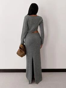 SHEIN Unity Women's Solid Color Round Neck Long Sleeve Elastic Waist Cutout Long Knit Dress - Grey - View 3