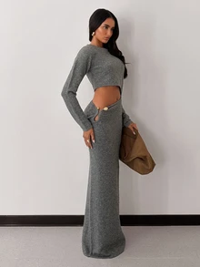 SHEIN Unity Women's Solid Color Round Neck Long Sleeve Elastic Waist Cutout Long Knit Dress - Grey - View 7