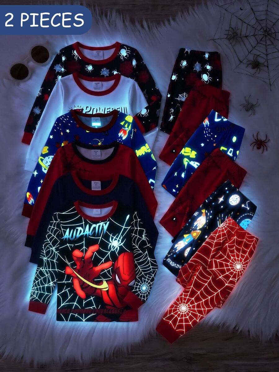 Baby Boys Pajamas, New Autumn/Winter UV-Reactive Glow-In-The-Dark & Spider Web Print, High Elasticity Snug Fit Long Sleeve Top & Pants 2 Pieces Set, Home Wear, 1 Set, Snug Fit, Size Is Tight, Recommend Ordering One Size Up - Black - View 1