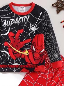 Baby Boys Pajamas, New Autumn/Winter UV-Reactive Glow-In-The-Dark & Spider Web Print, High Elasticity Snug Fit Long Sleeve Top & Pants 2 Pieces Set, Home Wear, 1 Set, Snug Fit, Size Is Tight, Recommend Ordering One Size Up - Black - View 7