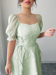 Seusyu 優雅薄紗泡泡袖收腰喇叭下擺長款薄荷綠女款洋裝，適合派對、約會之夜、特殊場合與晚宴活動 - 薄荷綠 - 查看 2
