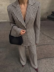 Lavishia 女款優雅商務休閒通勤早午餐辦公室晚餐腰部棕色與白色波點格紋格紋西裝外套長袖套裝秋季 - 摩卡棕 - 查看 3
