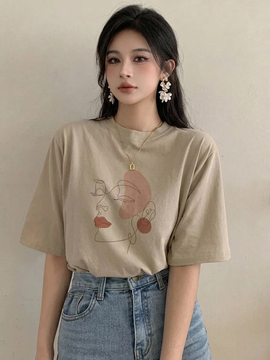 DAZY Women's Loose Fit Printed Crew Neck T-Shirt Everyday Holiday Beige Summer Casual Everyday - Khaki - View 1