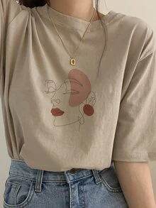 DAZY Women's Loose Fit Printed Crew Neck T-Shirt Everyday Holiday Beige Summer Casual Everyday - Khaki - View 3